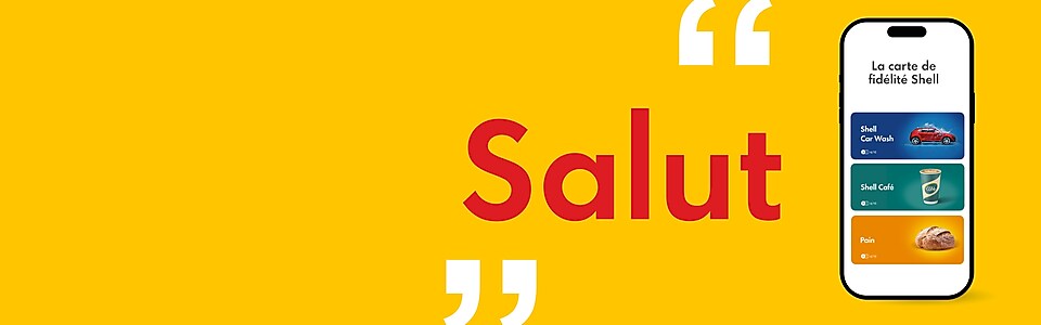 Écran d'accueil de l'application Shell sur téléphone portable avec station-service en arrière-plan