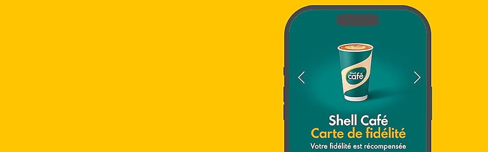 Illustration d’un téléphone portable sur fond jaune montrant la carte de fidélité Shell Café.
