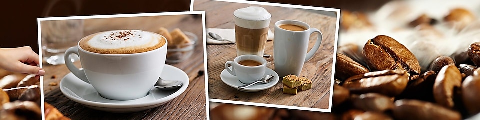 Collage aus 2 Bildern wobei auf dem einen ein Cappucchino und auf dem anderen ein Espresso, ein Kaffee Crema und ein Latte Macchiato dargestellt sind. Im Hintergrund sind Kaffeebohnen zu sehen