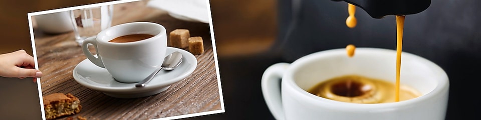 Collage aus 2 Bildern, auf dem einen Bild ist ein Espresso in einer weißen Tasse zu sehen, auf dem anderen der Auslauf einer Kaffeemaschine, aus dem Kaffee in eine Tasse läuft