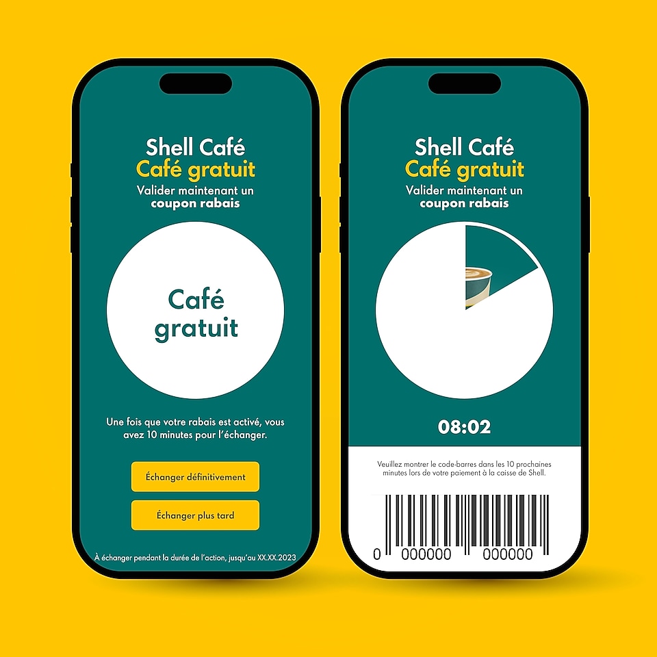 Illustration de deux téléphones portables sur fond jaune montrant comment échanger contre un café gratuit les timbres collectés sur la carte de fidélité Shell Café.