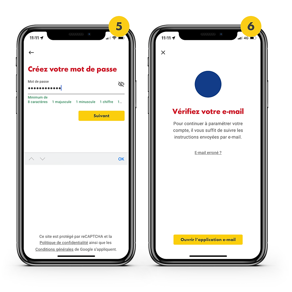 On voit 2 téléphones portables avec l'application Shell CH ouverte. Le 1er est marqué en haut d'un 5 dans un cercle jaune. Il montre l'écran sur l'application Shell où l'on doit définir le mot de passe pour l'application Shell. Sur le 2e écran de téléphone portable, également marqué d'un petit 6 dans un cercle jaune en haut à droite, on est prié de vérifier ses e-mails après un e-mail de confirmation de la Shell App.