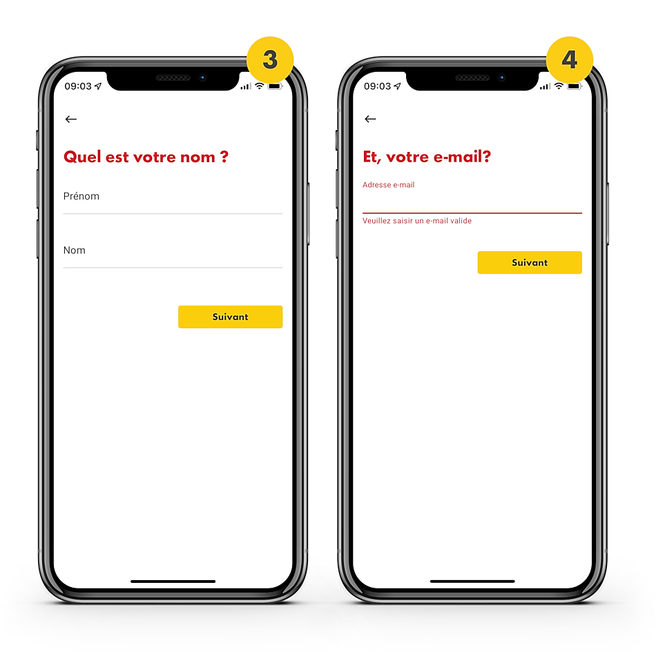 On voit 2 téléphones portables avec l'application Shell CH ouverte. Le 1er est marqué en haut d'un 3 dans un cercle jaune.  Sur l'écran, on peut indiquer son nom et son prénom pour s'inscrire dans l'application Shell. Sur le 2e écran de téléphone portable, également marqué d'un petit 3 dans un cercle jaune en haut à droite, on indique son adresse e-mail pour s'inscrire sur l'application Shell.