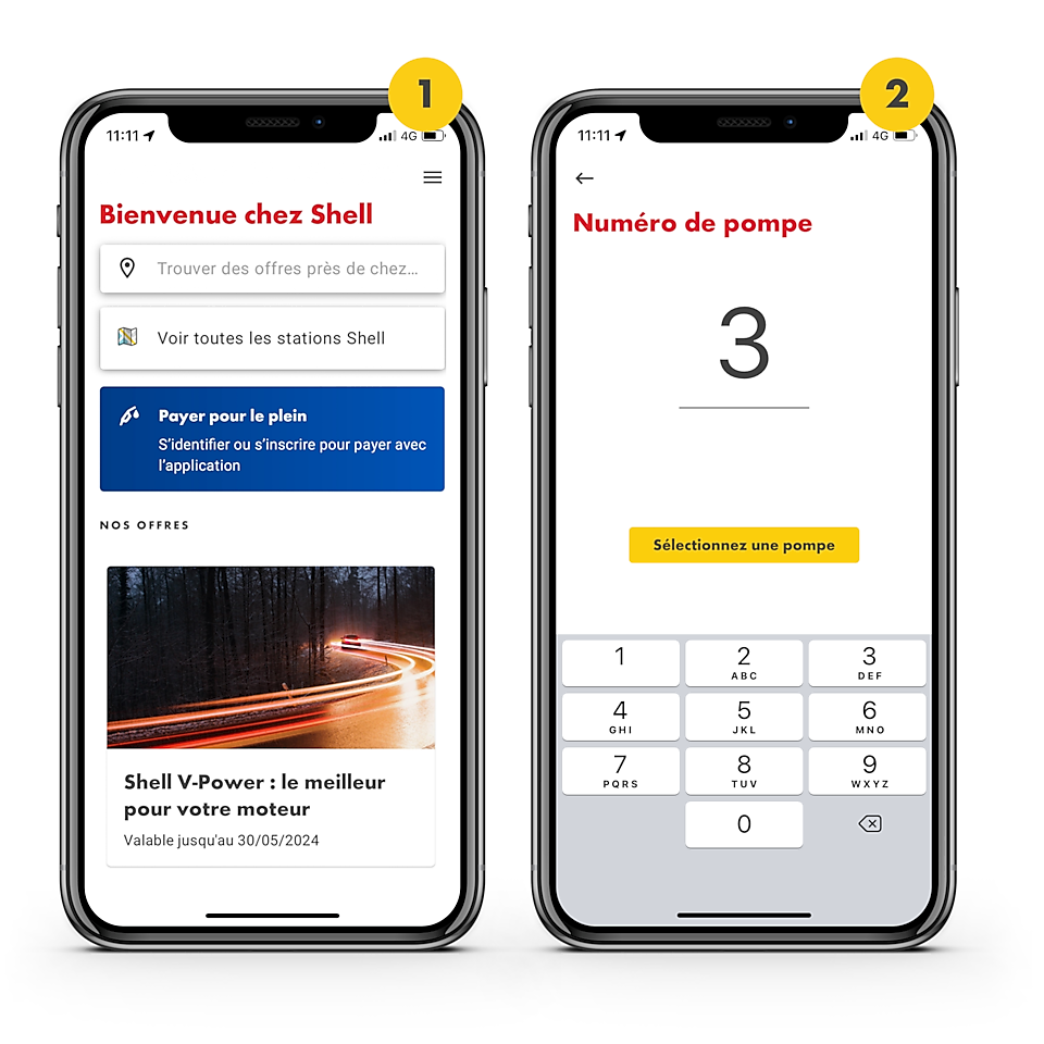 On peut voir 2 téléphones portables avec l'application Shell ouverte. Le premier est marqué en haut d'un 1 dans un cercle jaune. Il montre l'écran de démarrage de l'application Shell. Le deuxième téléphone portable est marqué d'un 2 dans un cercle jaune. Sur le 2e écran de téléphone portable, on voit comment la pompe à essence est sélectionnée cinq.