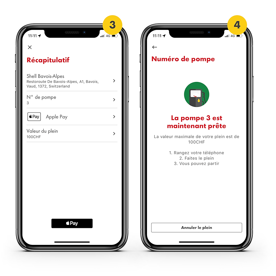 C. Sur la deuxième image du slider, les deux téléphones portables sont identifiés par les numéros 3 et 4. Le téléphone portable avec le numéro 3 montre comment confirmer le paiement et ensuite faire le plein. L'écran du téléphone portable portant le numéro 4 informe l'utilisateur de Shell SmartPay qu'il peut maintenant commencer le ravitaillement à la pompe à essence 3.