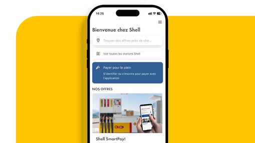 Un téléphone avec l’application Shell ouverte affiche Shell SmartPay