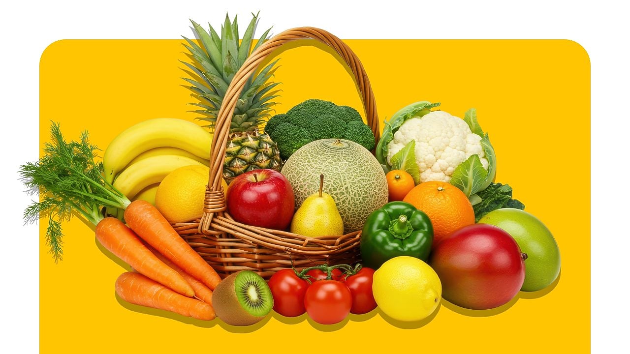 Panier avec un vaste choix de divers fruits et légumes sur fond jaune.